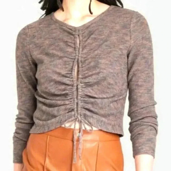 Wild Fable Brown Knit Crop Drawstring Split Longsleeve Cozy Top NWT Extra Large - Picture 6 of 7